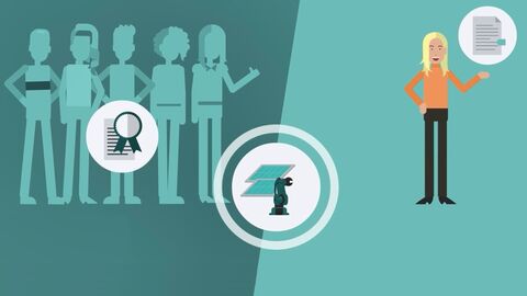 PUSH!-Stipendium Header Förderantrag Eine Grafik mit einer handelnden Person und vielen Zuhörern