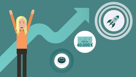 Grafik mit jubelnder Frau und Raketenicons